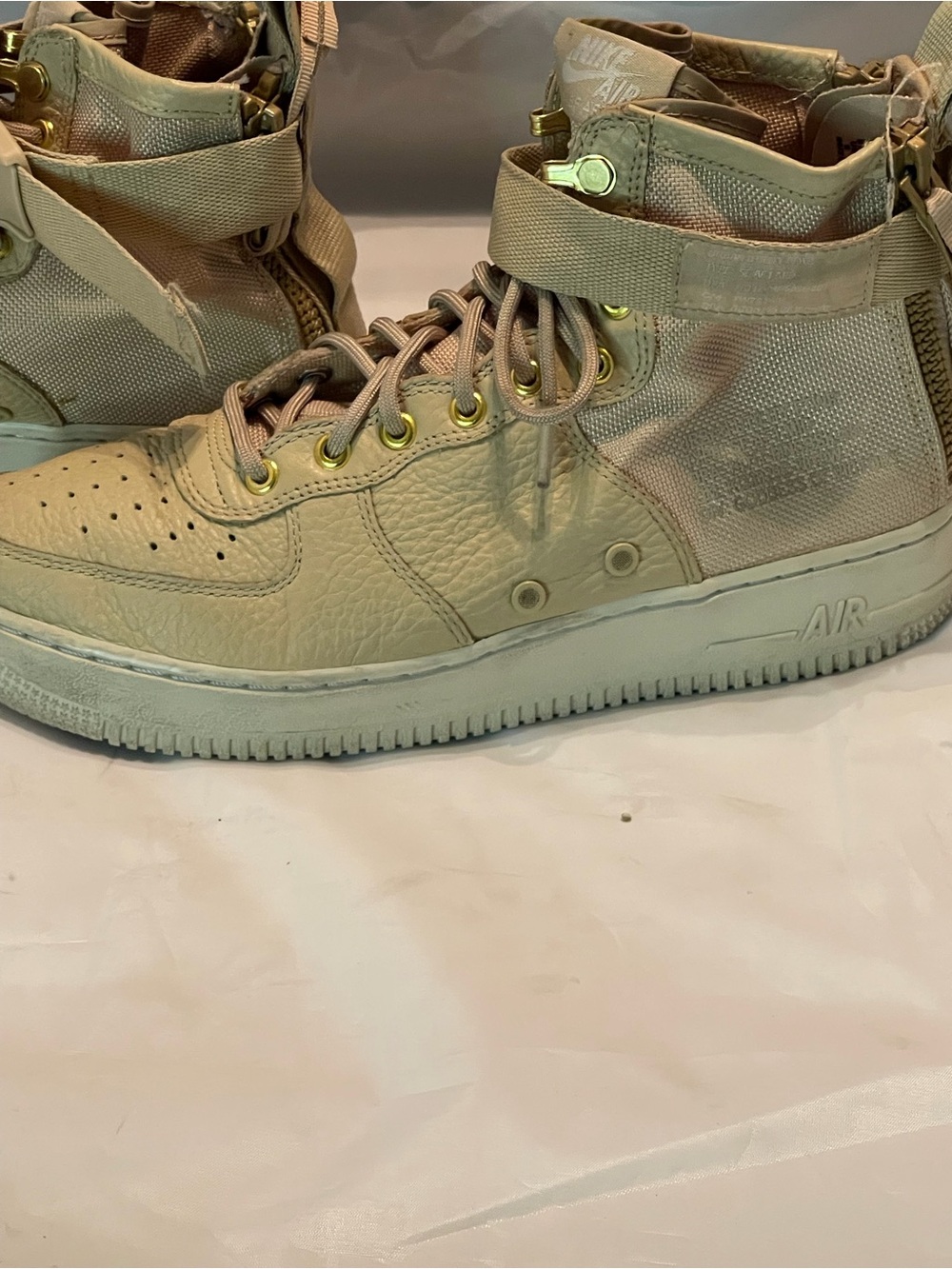 Nike Air Force Tan High-Top Sneakers with Ankle Strap and zipper back